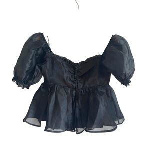 Mable Black Organza Puff Sleeve Cinched Crop Fairy Core Ethereal Blouse Size S